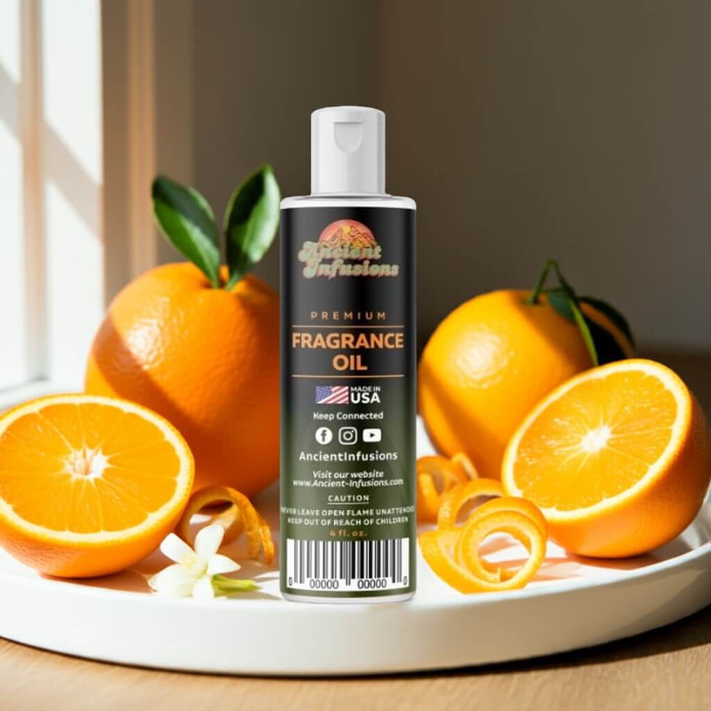 Orange Fragrance Oil bottle surrounded by fresh oranges and peels, showcasing the pure and uncut citrus aroma for vibrant body care.