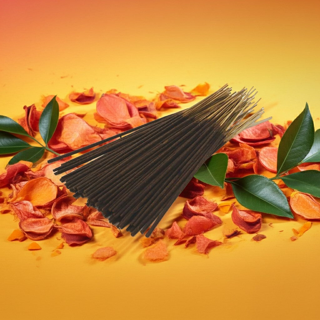 Orange Incense Sticks with orange fruits and leaves on a gradient background