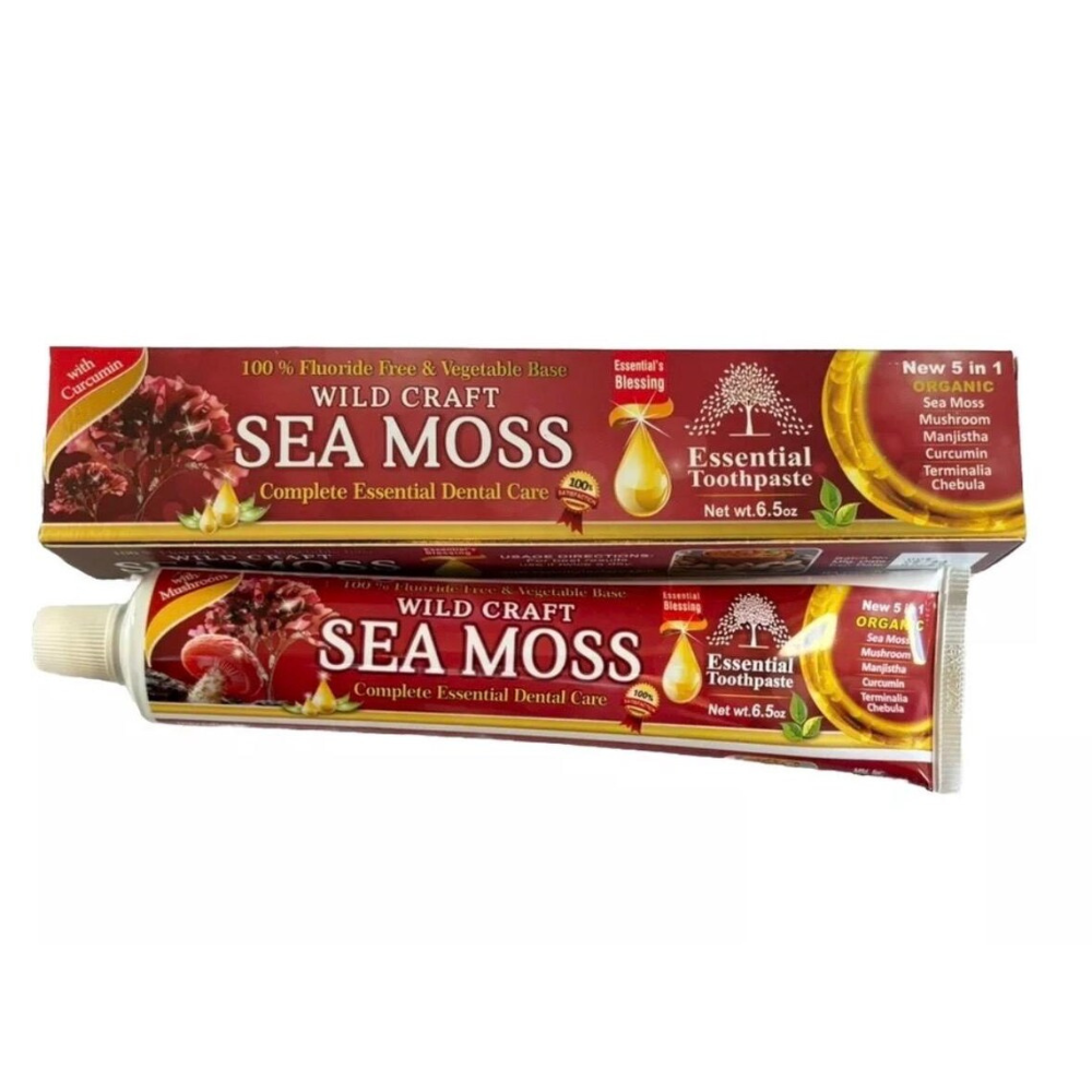 Organic 5-in-1 Sea Moss Toothpaste with herbal extracts for oral care and fresh breath.