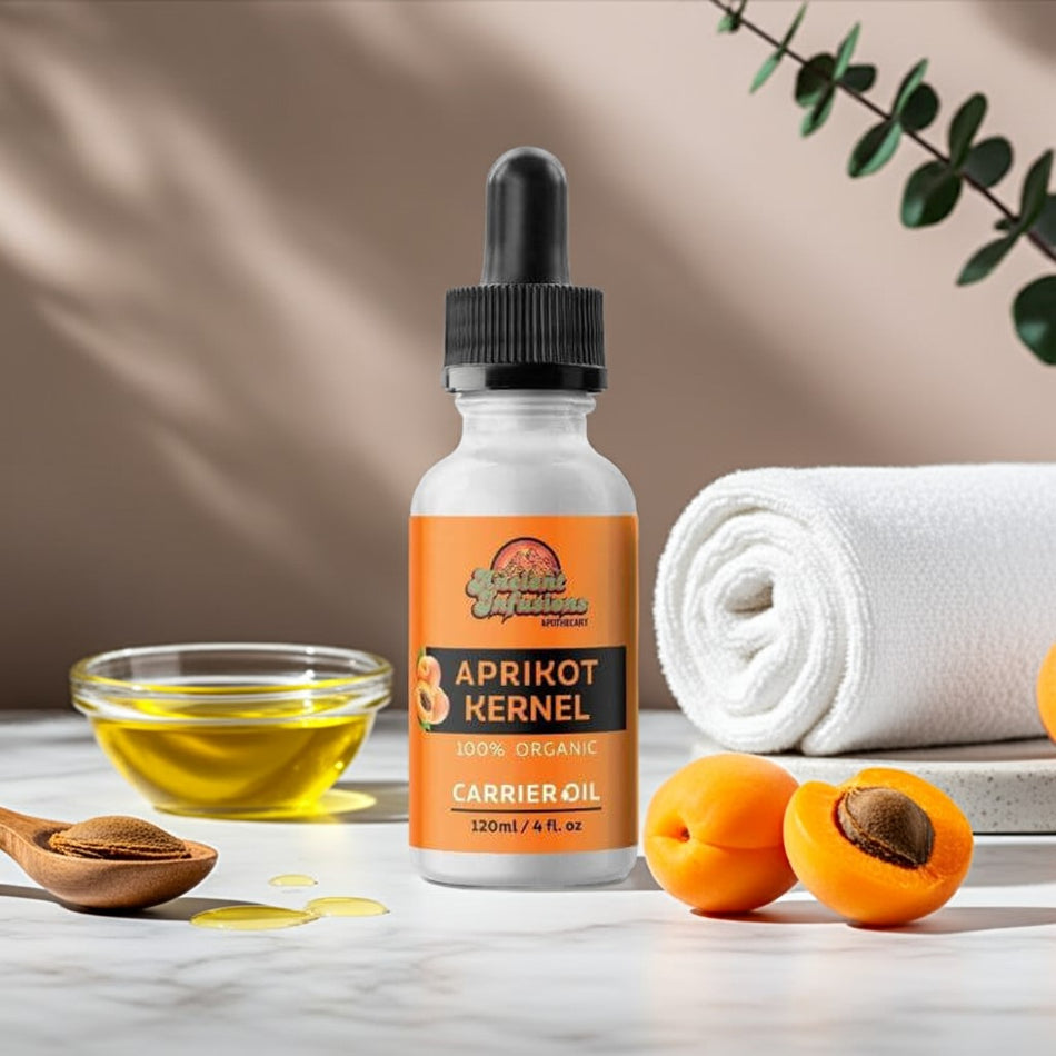 Organic apricot kernel carrier oil by Ancient Infusions – 100% pure cold-pressed oil for skin nourishment, massage, and natural beauty care.