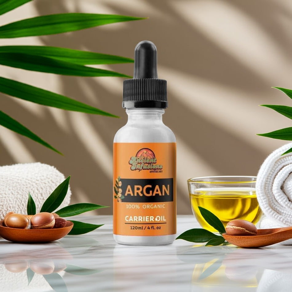 Organic argan oil carrier oil by Ancient Infusions – 100% pure cold-pressed oil for skin hydration, hair nourishment, and natural beauty care.