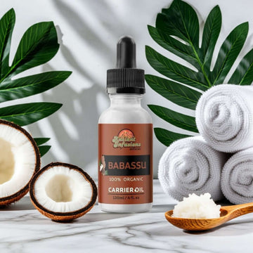 Bottle of 100% Pure Babassu Carrier Oil with coconuts and spa accessories.