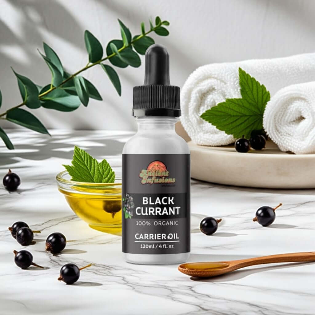Organic black currant seed oil oil by Ancient Infusions – 100% pure cold-pressed oil for skin health, anti-aging, and hair nourishment.