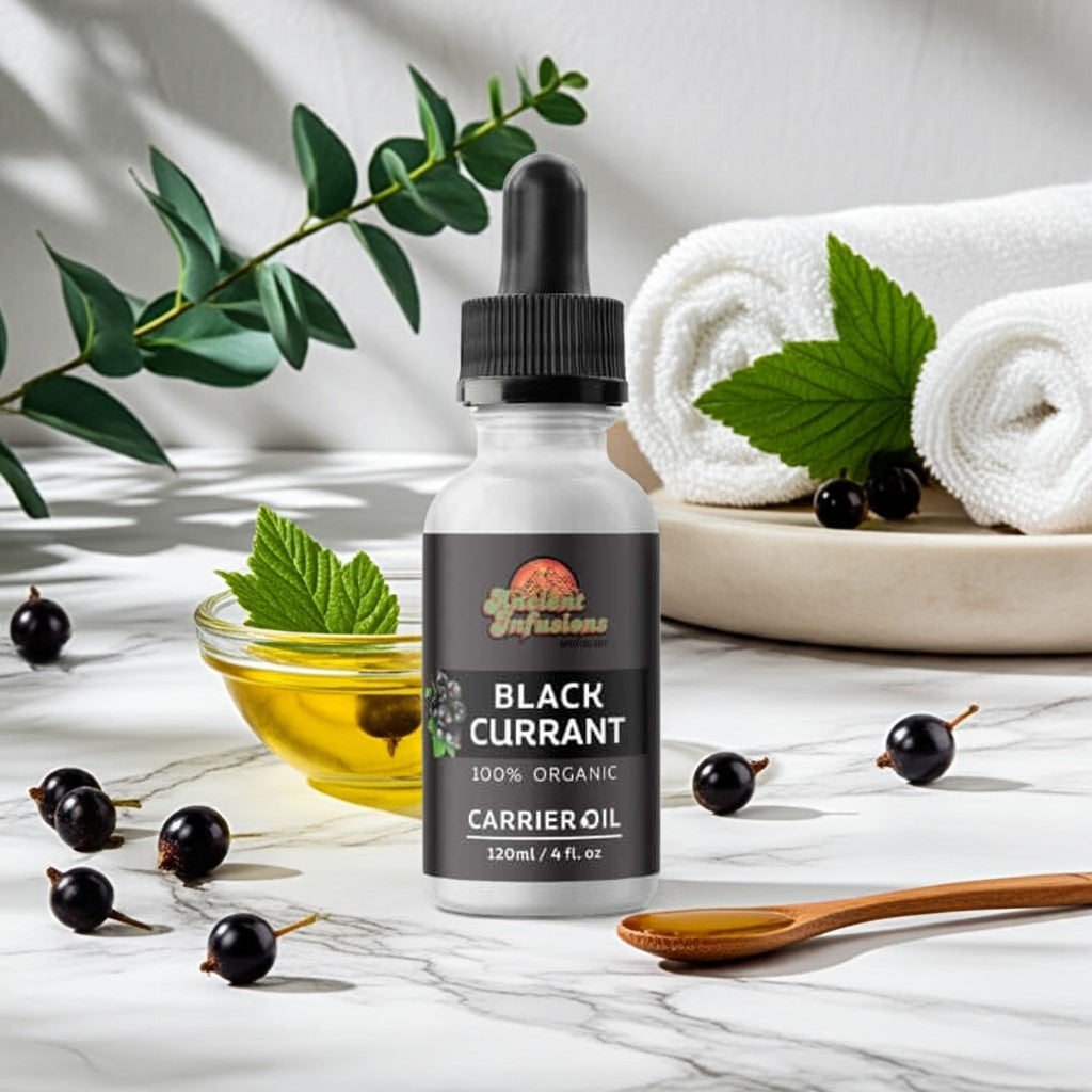 Organic black currant oil carrier oil by Ancient Infusions – 100% pure cold-pressed oil for skin health, anti-aging, and hair nourishment.