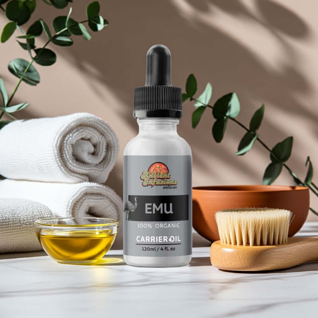 Organic emu oil carrier oil by Ancient Infusions – 100% pure natural oil for skin healing, hydration, and joint and muscle relief.