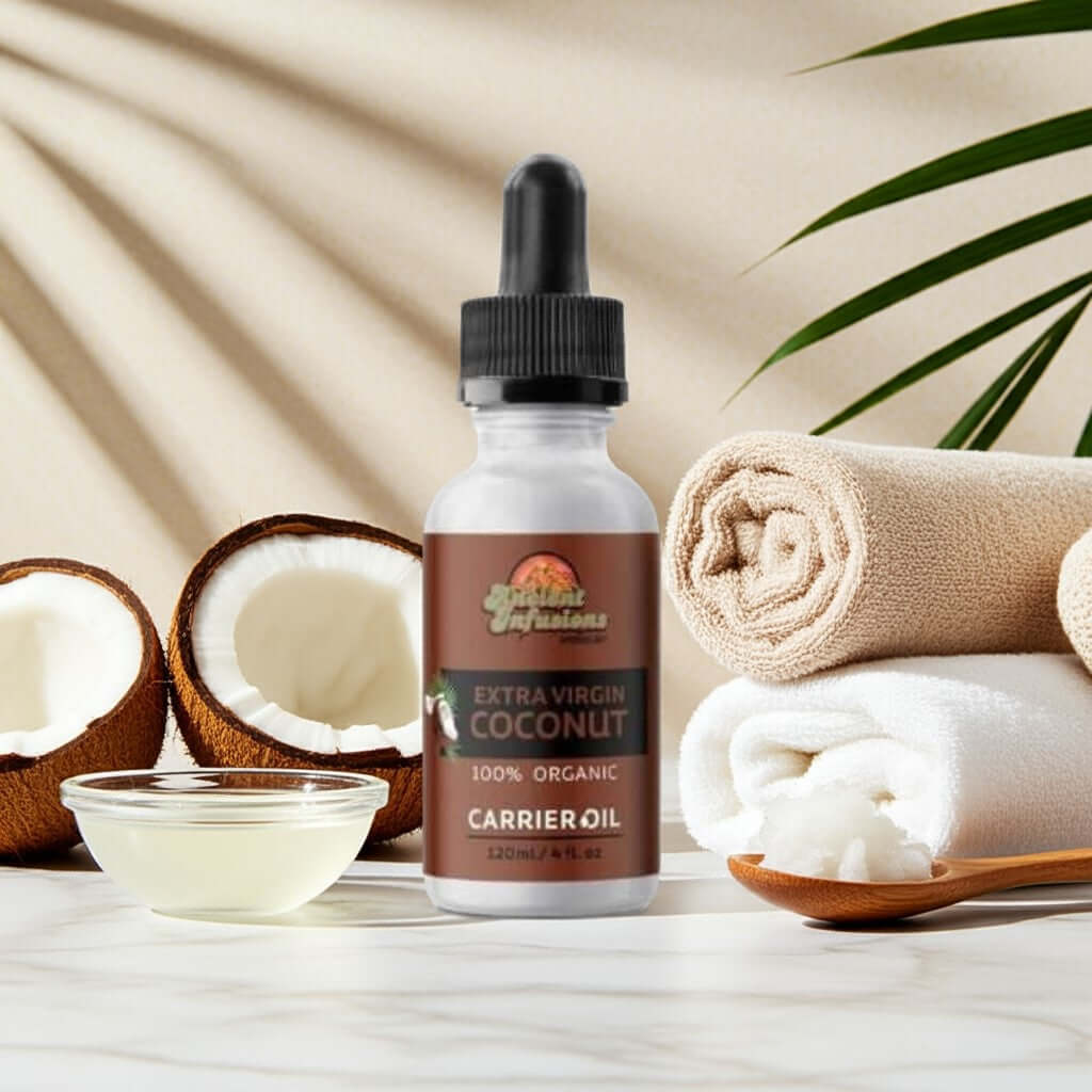 Organic extra virgin coconut oil carrier oil by Ancient Infusions – 100% pure cold-pressed oil for skin hydration, hair nourishment, and natural beauty care.