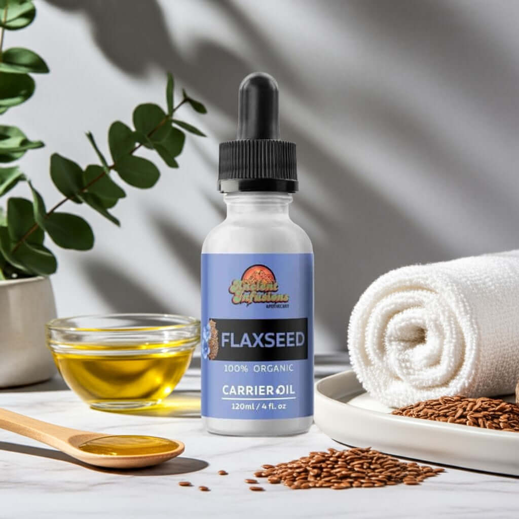 Organic flaxseed oil carrier oil by Ancient Infusions – 100% pure cold-pressed oil for skin care, anti-aging, and promoting hair health..