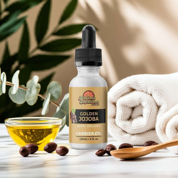 Organic golden jojoba oil carrier oil by Ancient Infusions – 100% pure cold-pressed oil for skin hydration, hair care, and natural balance.