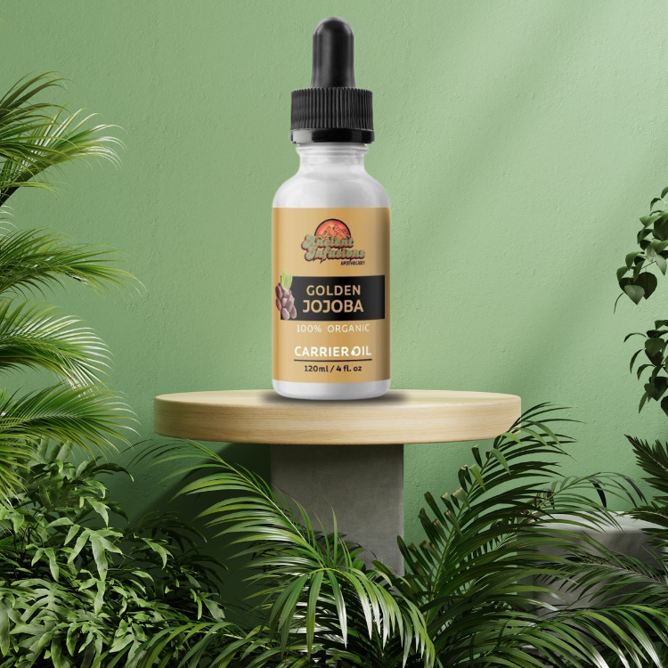 Organic golden jojoba oil carrier oil by Ancient Infusions – 100% pure cold-pressed oil for skin hydration, hair care, and natural balance.