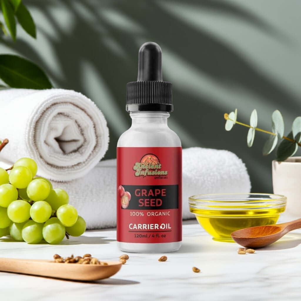 Organic grapeseed oil carrier oil by Ancient Infusions – 100% pure cold-pressed oil for skin hydration, anti-aging, and lightweight hair care.