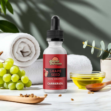 Organic grapeseed oil carrier oil by Ancient Infusions – 100% pure cold-pressed oil for skin hydration, anti-aging, and lightweight hair care.