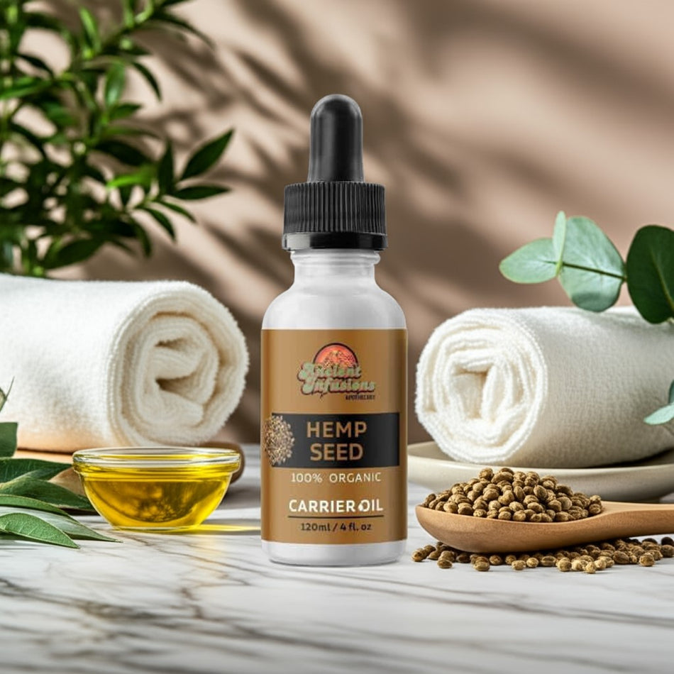 Organic hempseed oil carrier oil by Ancient Infusions – 100% pure cold-pressed oil for skin nourishment, anti-inflammatory benefits, and hair health.