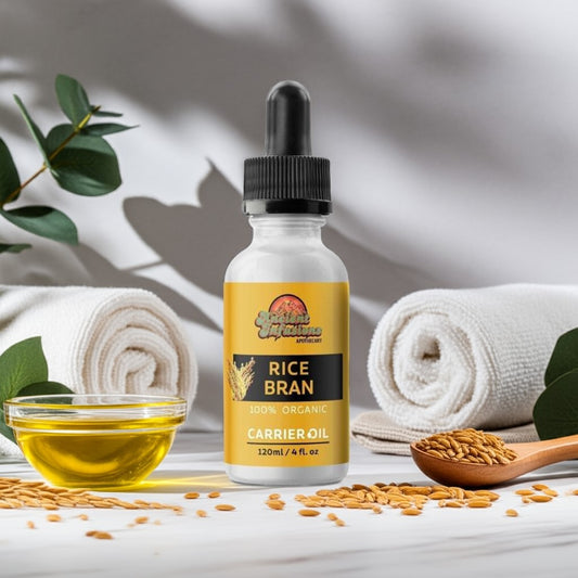Organic rice bran oil carrier oil by Ancient Infusions – 100% pure cold-pressed oil for skin hydration, anti-aging, and natural sun protection.