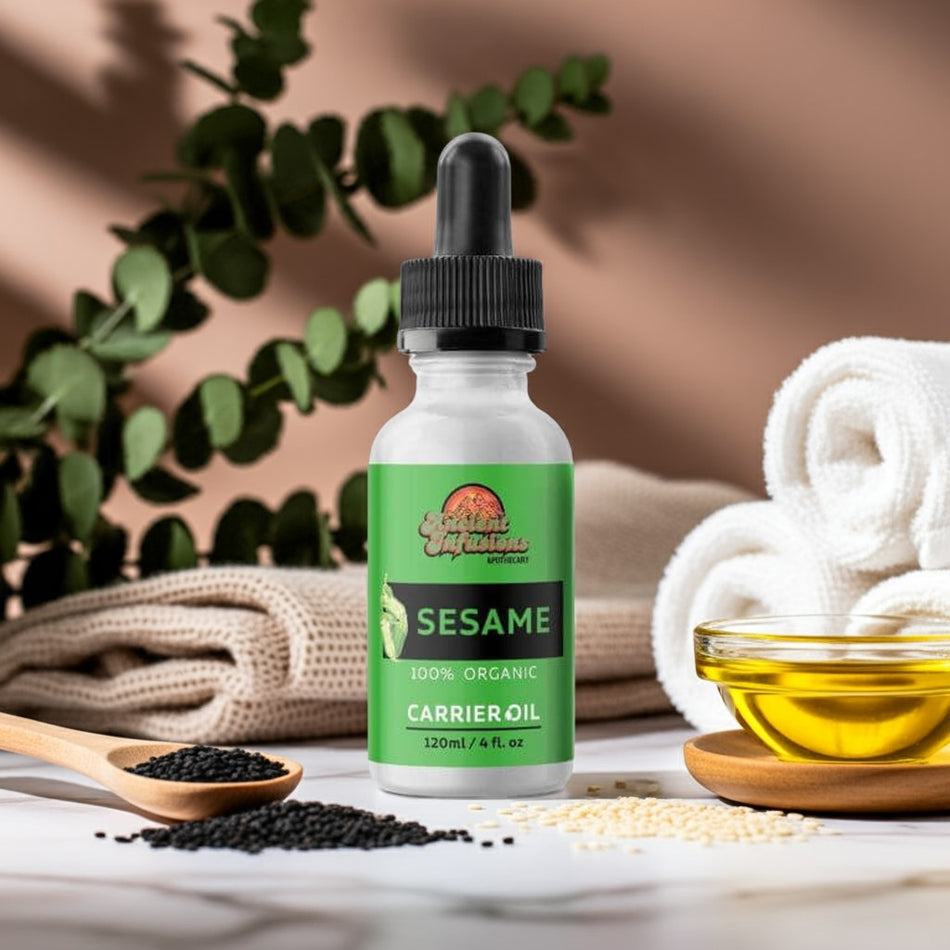 Organic sesame seed oil carrier oil by Ancient Infusions – 100% pure cold-pressed oil for skin nourishment, hair care, and natural massage therapy.