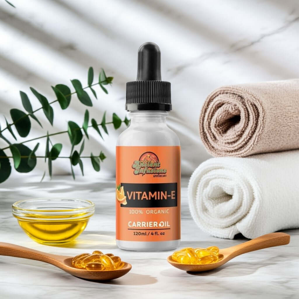 Organic vitamin E oil carrier oil by Ancient Infusions – 100% pure natural oil for skin repair, hydration, and antioxidant protection.