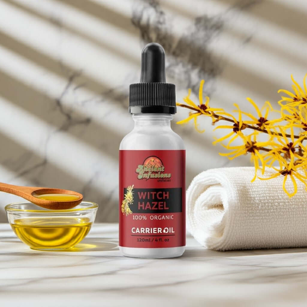 Organic witch hazel carrier oil by Ancient Infusions – 100% pure natural astringent for skincare, pore tightening, and soothing irritation.