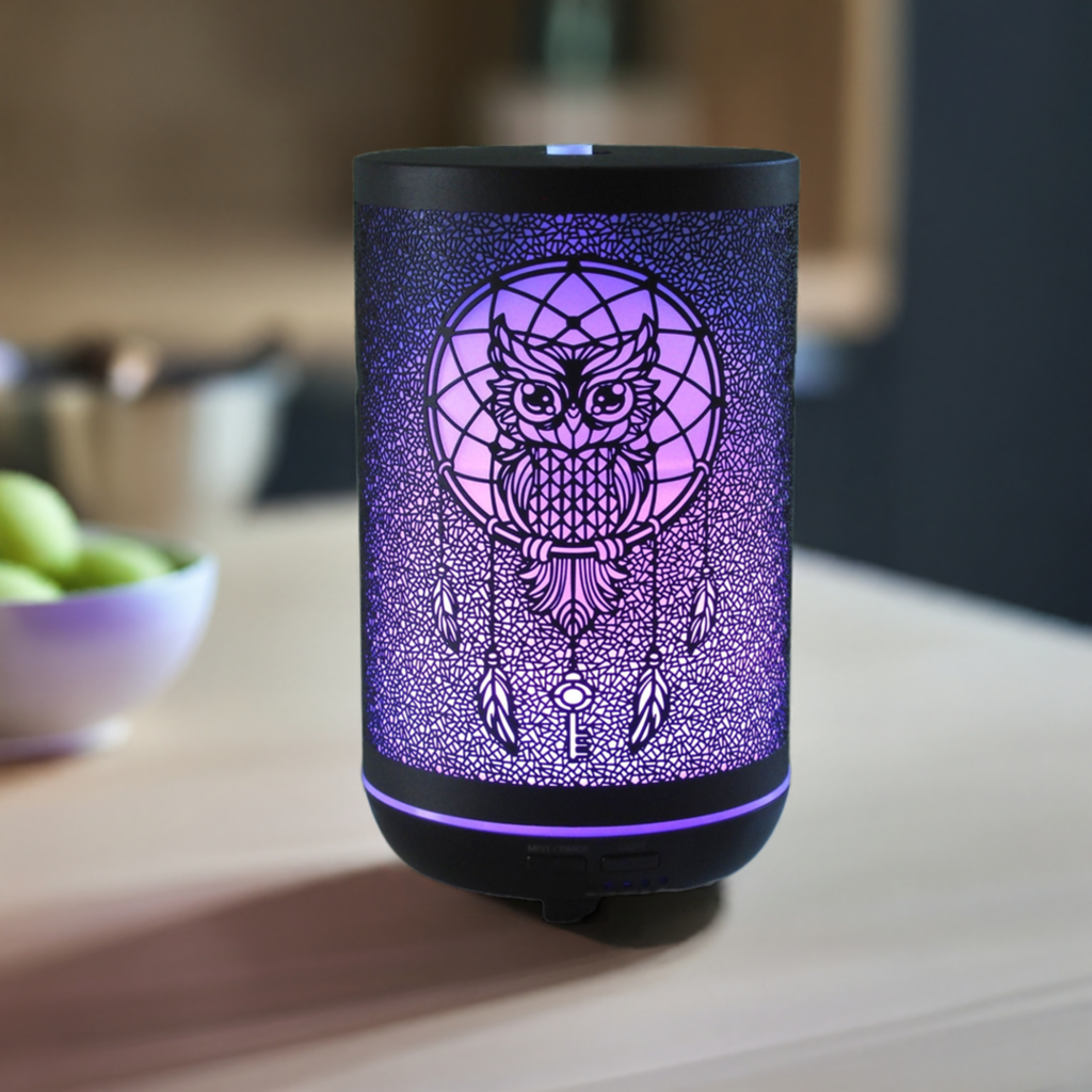 Owl Dreamcatcher Aroma Diffuser – Compact 120 ml Tank with Color-Changing LED, Perfect for Aromatherapy and Home Décor.