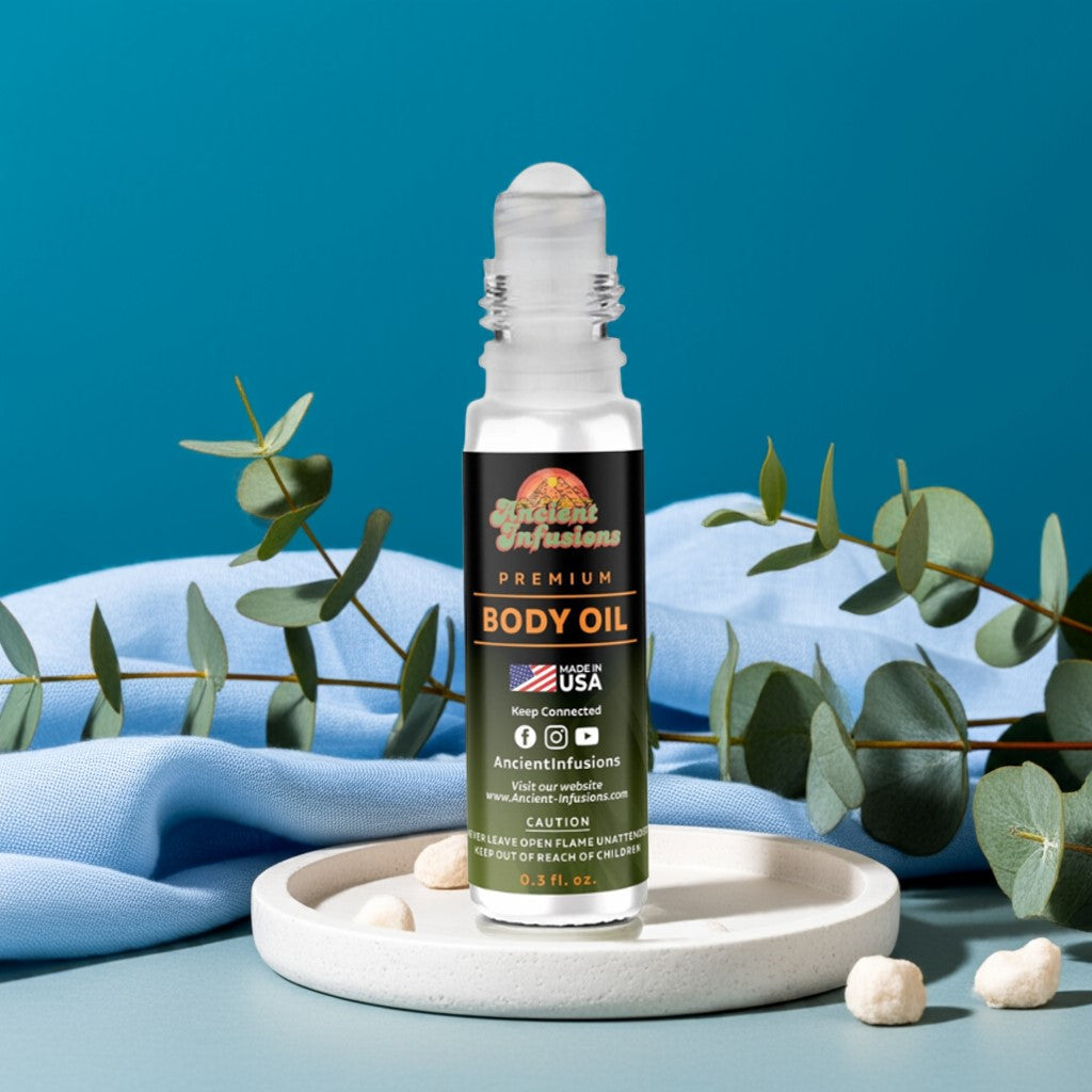 Oxygen inspired body oil on white platform with crisp marine accents and soft blue tones