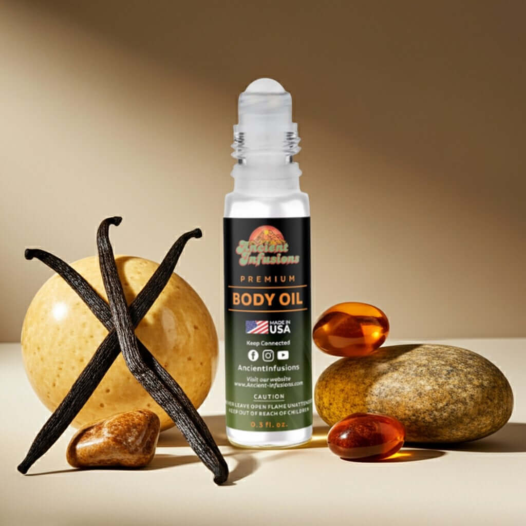 Parfums de Marly Althair Inspired Body Oil with warm woods, vanilla, and amber aroma, 0.5 fl. oz bottle by Ancient Infusions USA.