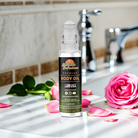 Parfums de Marly Delina Inspired Body Oil bottle with floral accents on bathroom counter.