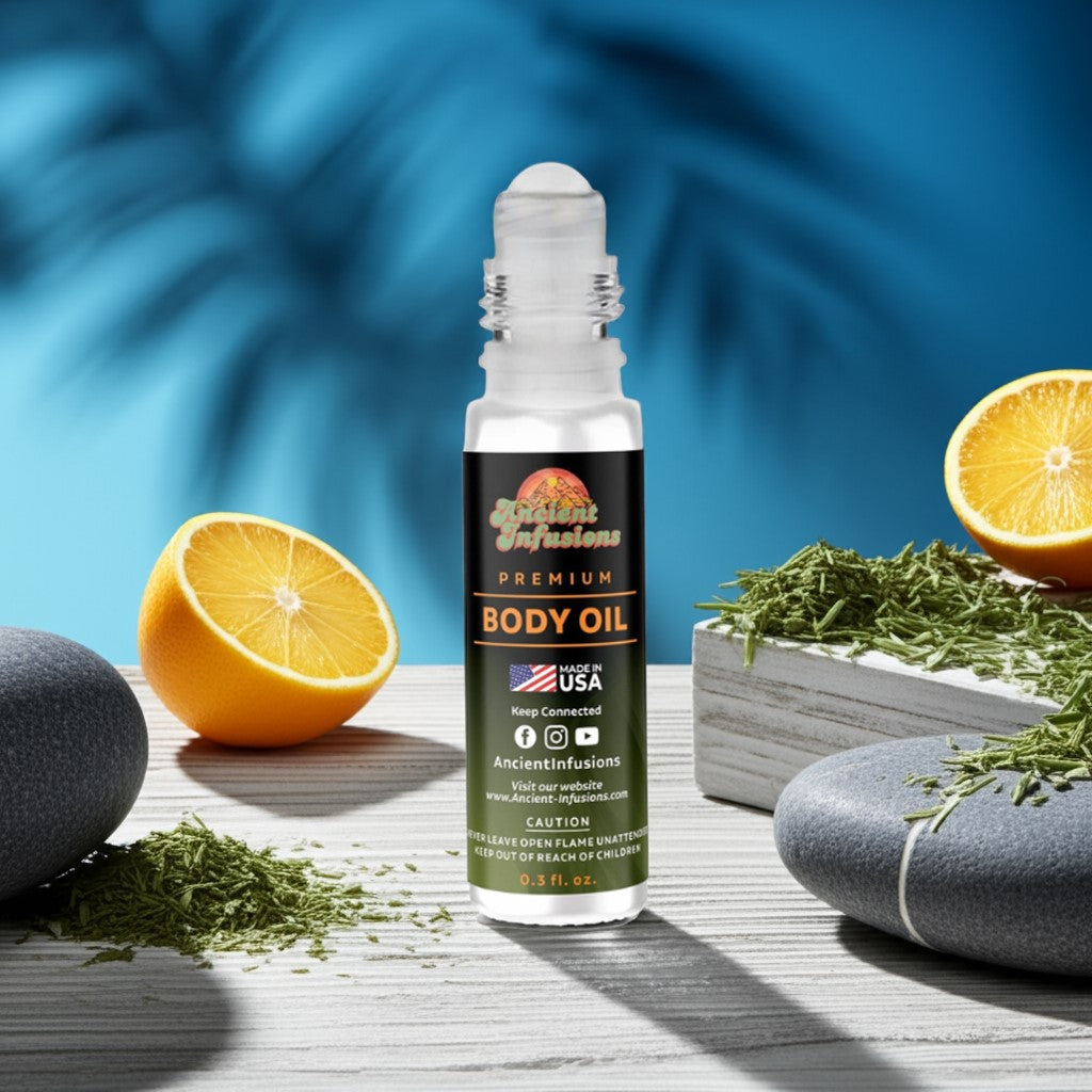 Paris Hilton for Men inspired body oil on smooth wood platform with light citrus and oceanic accents