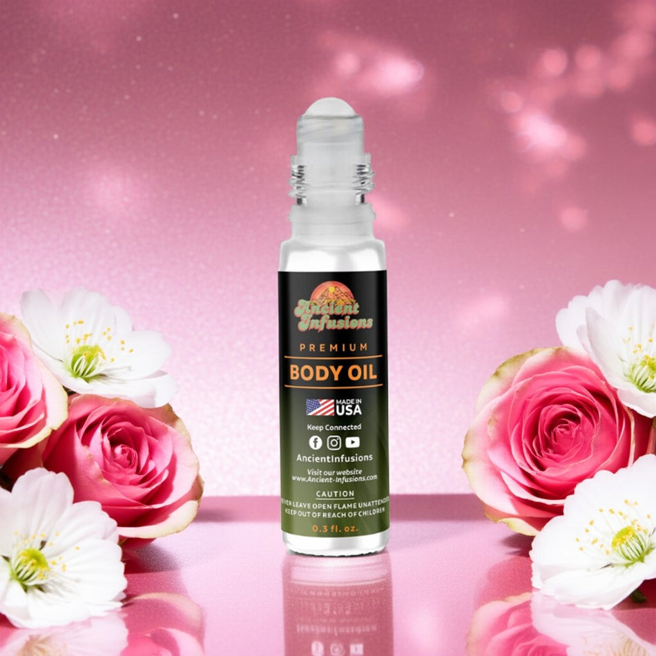 Paris Hilton Pink inspired body oil on soft pink tray with rose petals and sparkles