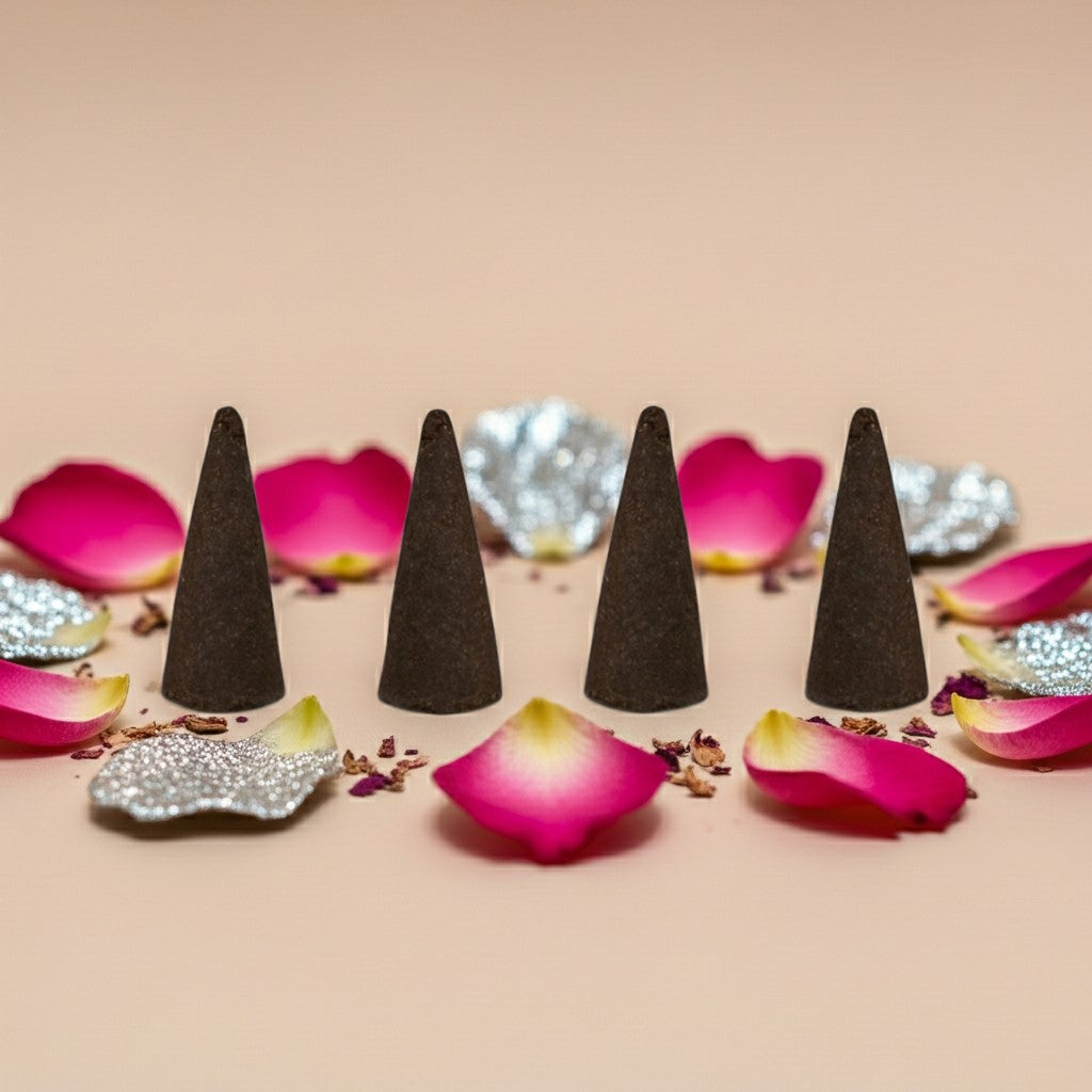 Paris Hilton Pink Rush Inspired Incense Cones on a beige surface with pink flower petals and decorative elements.