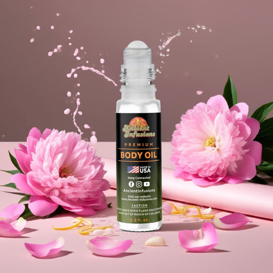 Paris Hilton Rose Rush inspired body oil standing on pink platform with roses and peonies