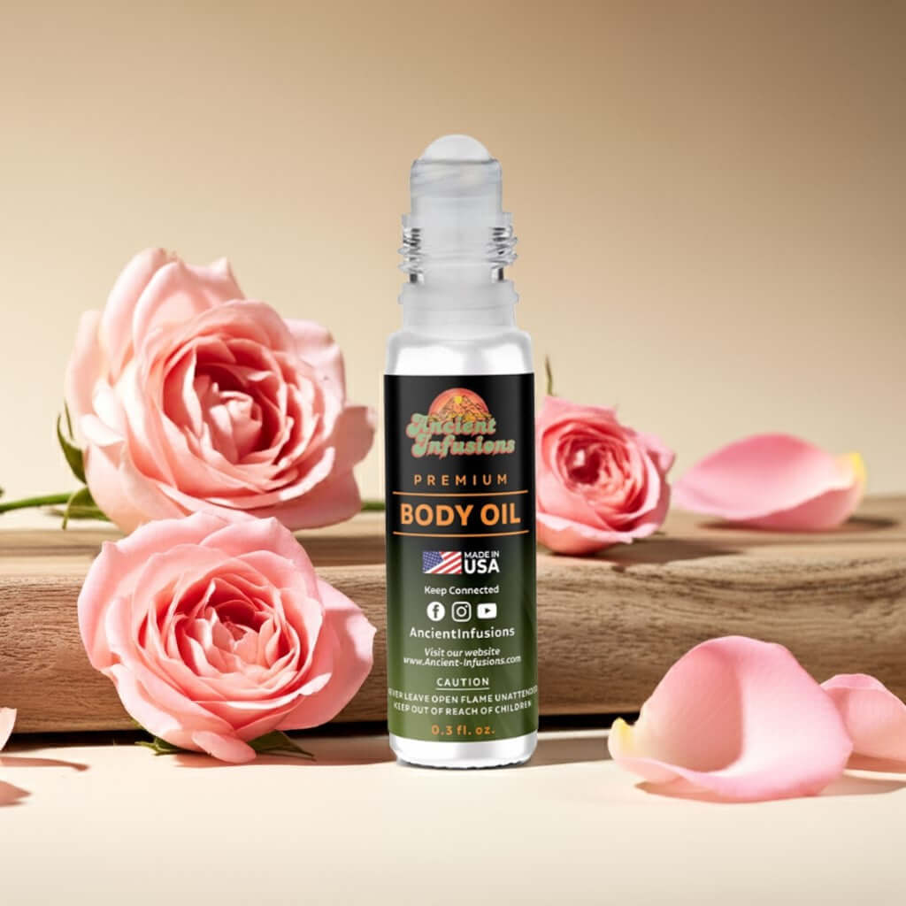 Chanel Paris-Paris Inspired Body Oil with romantic floral scent, alcohol-free, surrounded by pink roses, premium skincare product.