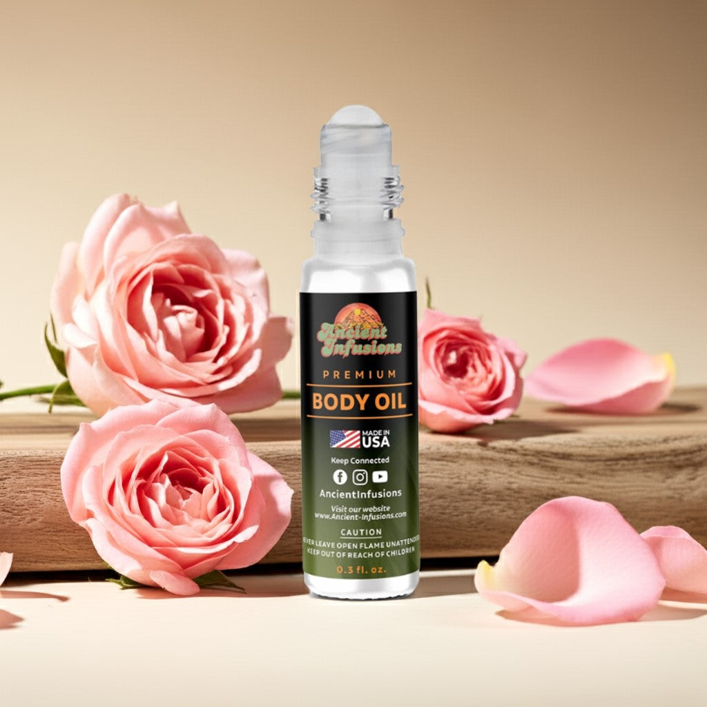 Chanel Paris-Paris Inspired Body Oil with romantic floral scent, alcohol-free, surrounded by pink roses, premium skincare product.