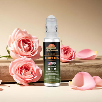 Chanel Paris-Paris Inspired Body Oil with romantic floral scent, alcohol-free, surrounded by pink roses, premium skincare product.