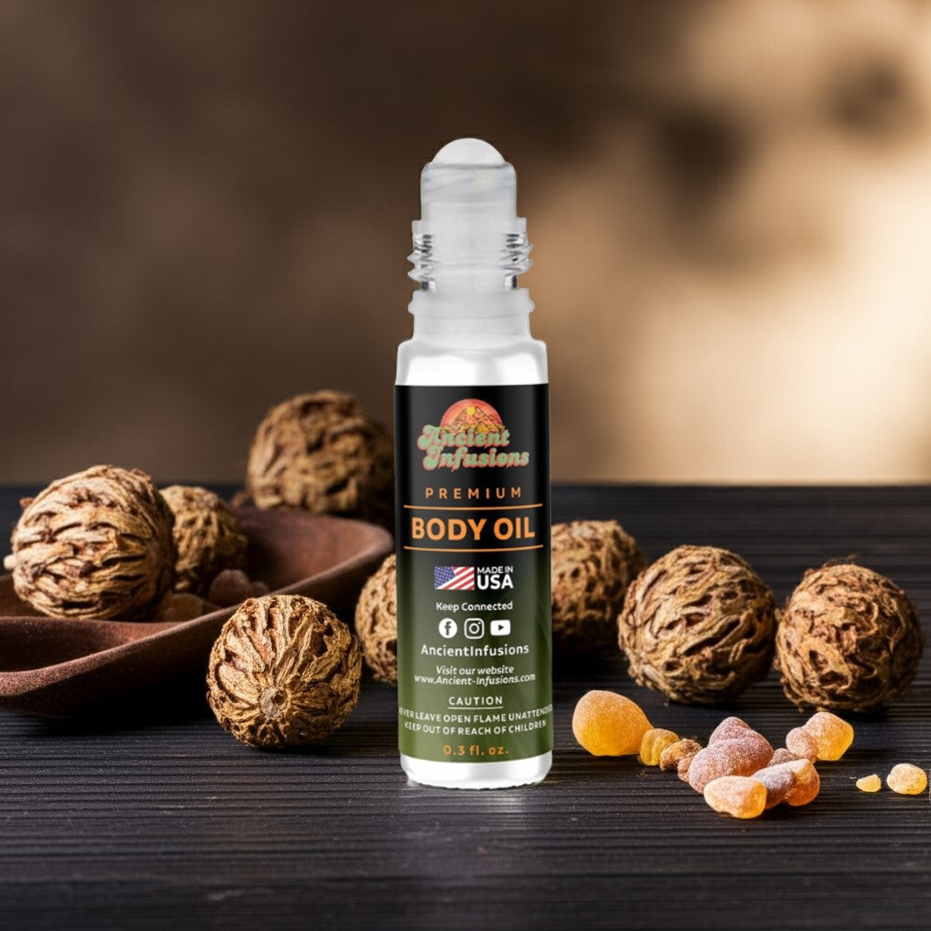 Patchouli body oil on rustic wood platform with herbs and dry earth elements