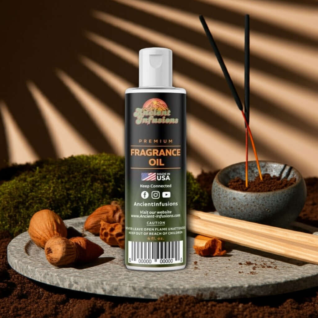 Bottle of Patchouli Fragrance Oil with earthy background and incense sticks, highlighting its pure and uncut essence for grounding aroma.