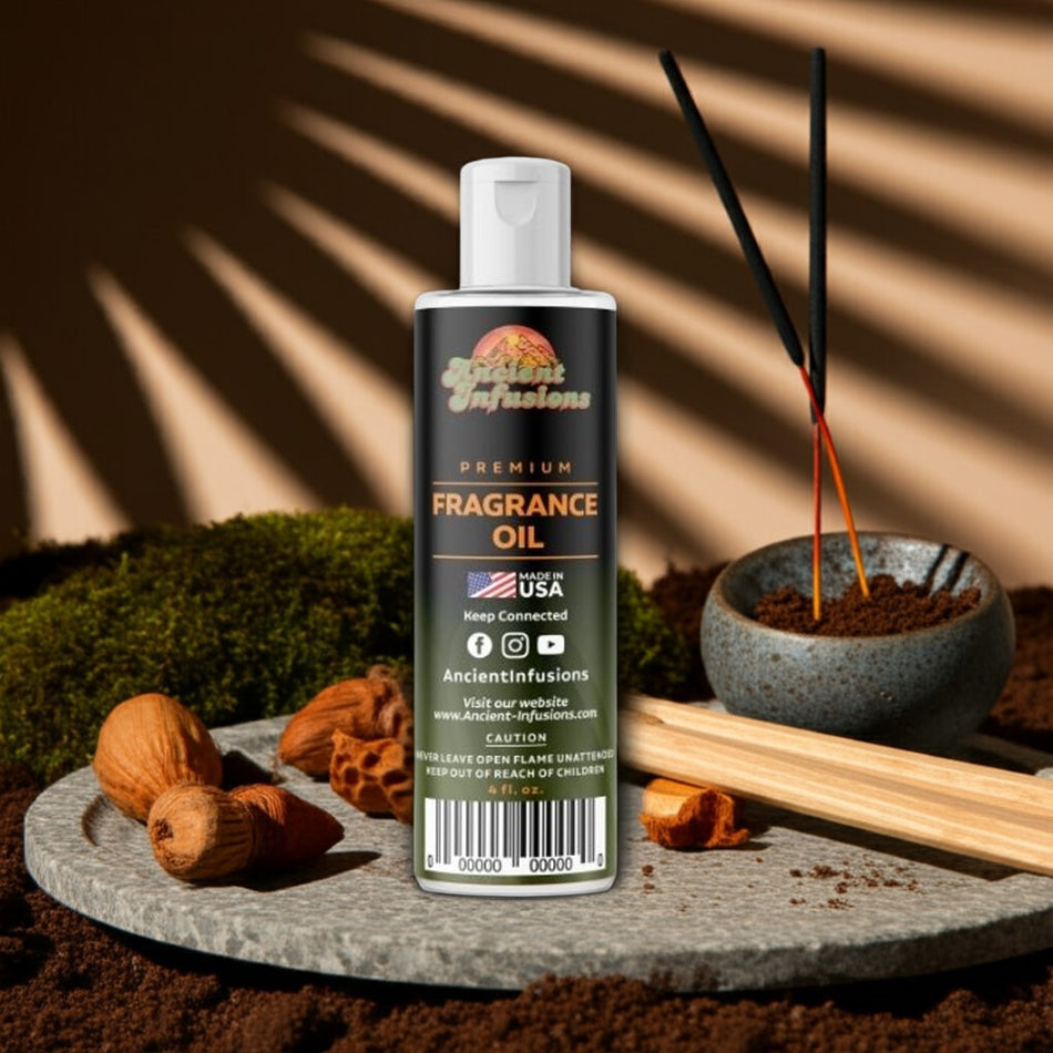 Fragrance oil bottle with incense sticks and natural elements on a wooden surface