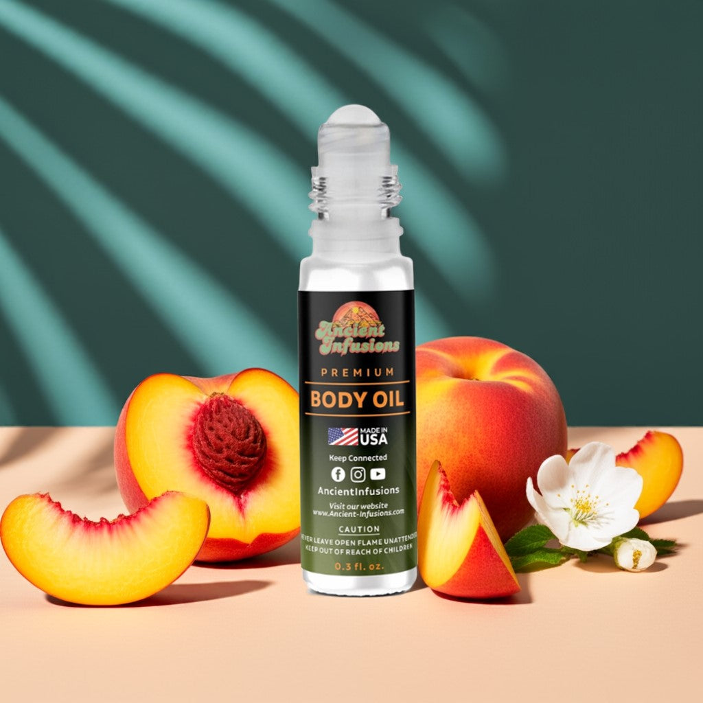 Peach Fantasy body oil standing upright on peach-toned tray with fresh peach slices and flowers