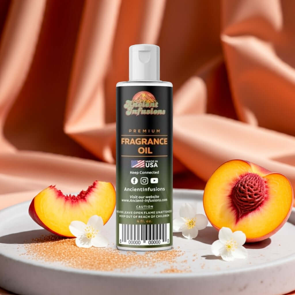 Peach Fantasy Fragrance Oil bottle with sliced peaches and flowers, highlighting juicy, sweet aroma. Pure, uncut, alcohol-free scent.