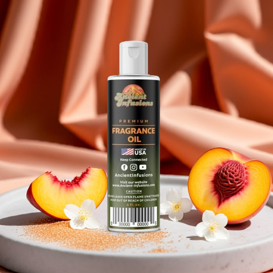 Bottle of Ancient Infusions fragrance oil with peach slices and flowers on a fabric background