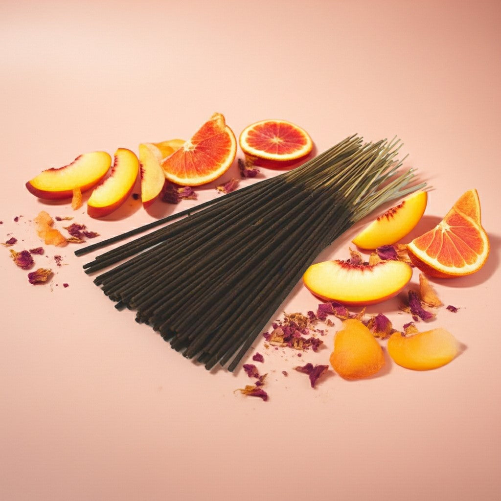 Peach Fantasy Incense Sticks with peach slices and flowers on a pink background