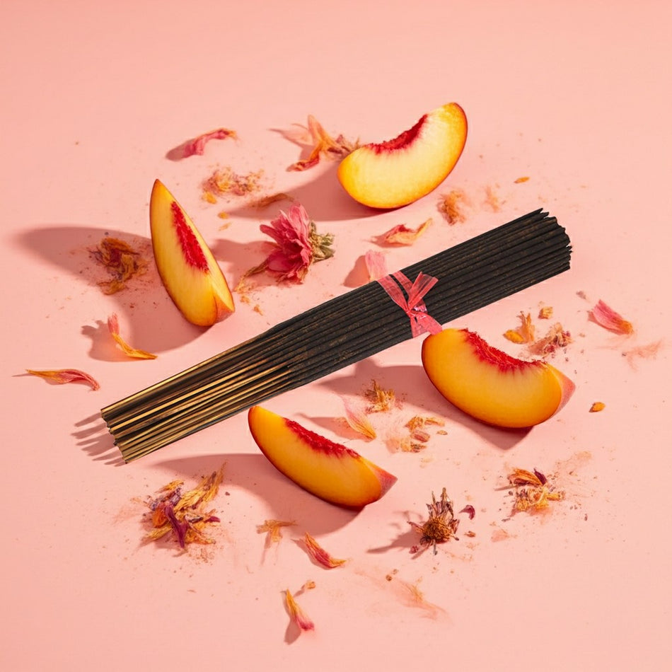 Peach Fantasy Incense Sticks with peach slices and flowers on a pink background