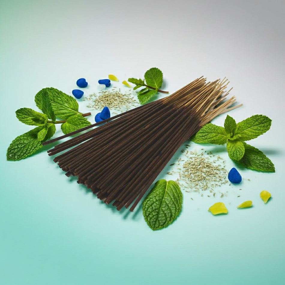 Peppermint Incense Sticks with mint leaves and small stones on a light blue background
