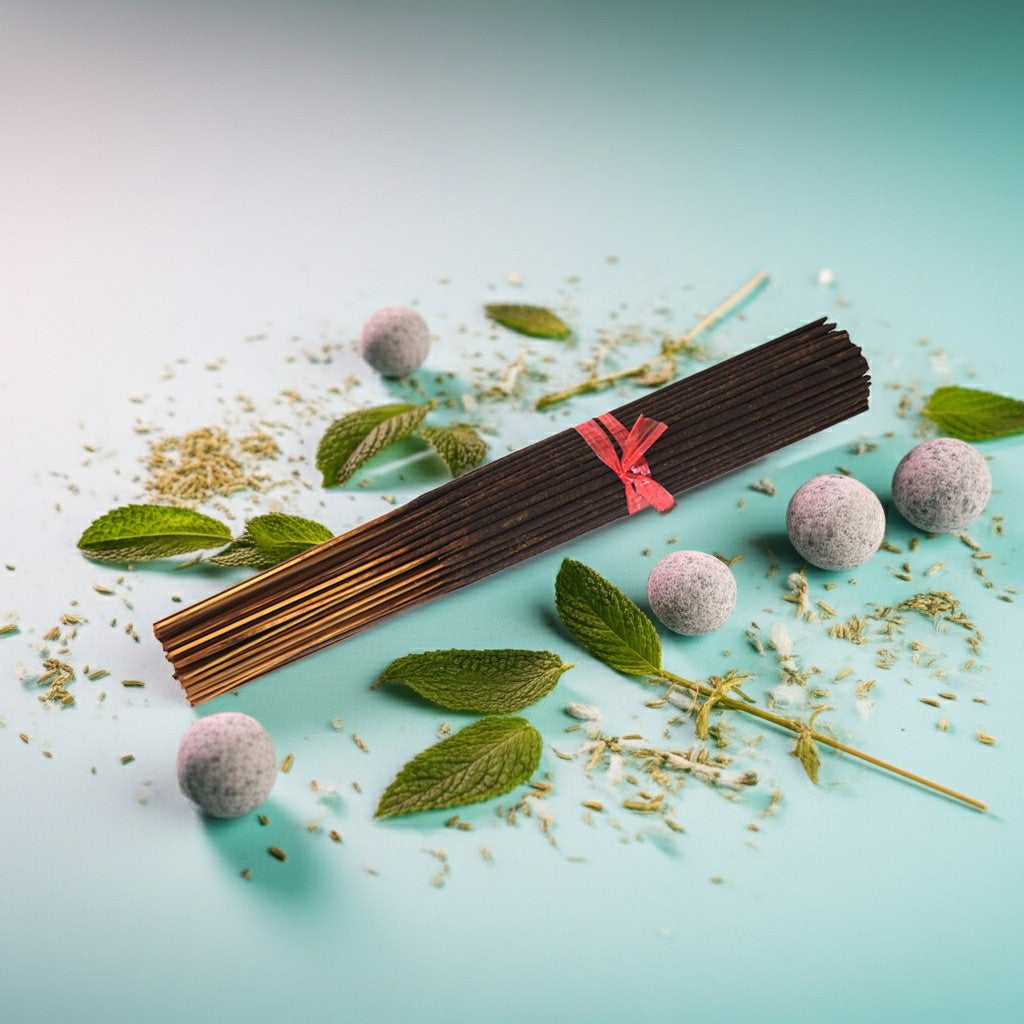 Peppermint Incense Sticks with a red ribbon on a light blue background with green leaves and pink spherical objects.