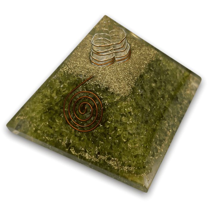 Ancient Infusions Peridot Orgonite Pyramid - Imbue your space with the natural vitality of Peridot and the harmonizing effects of orgonite.