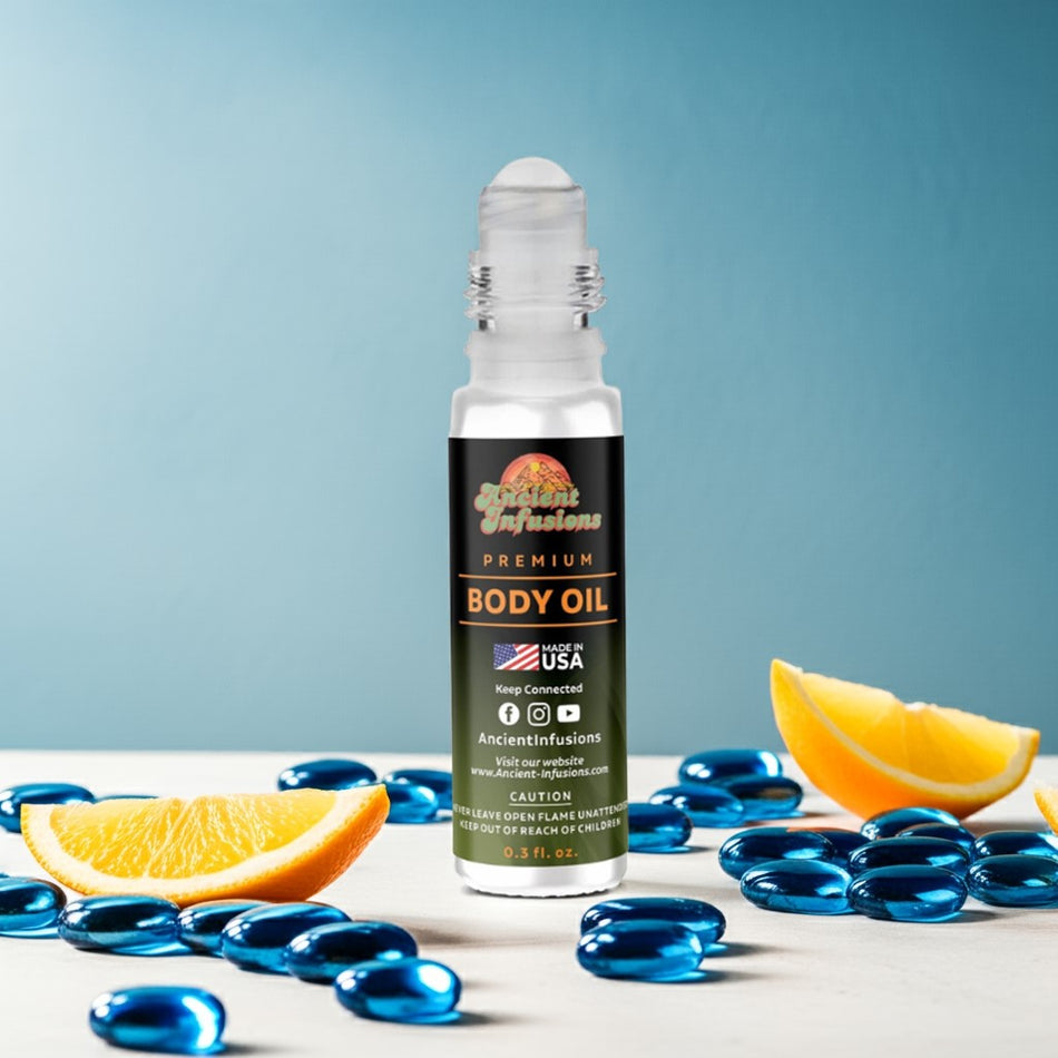 Perry Ellis 360 for Men Inspired Body Oil with citrus slices and blue beads background.