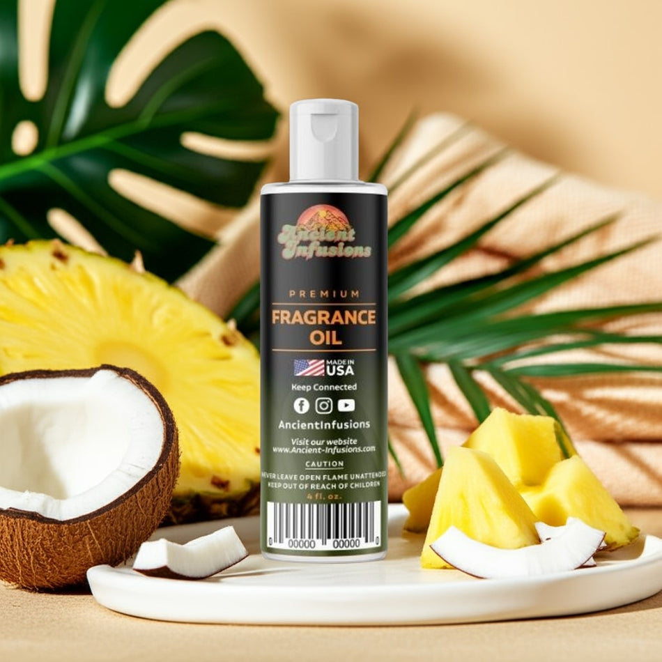 Fragrance oil bottle with pineapple, coconut, and palm leaves on a sandy background