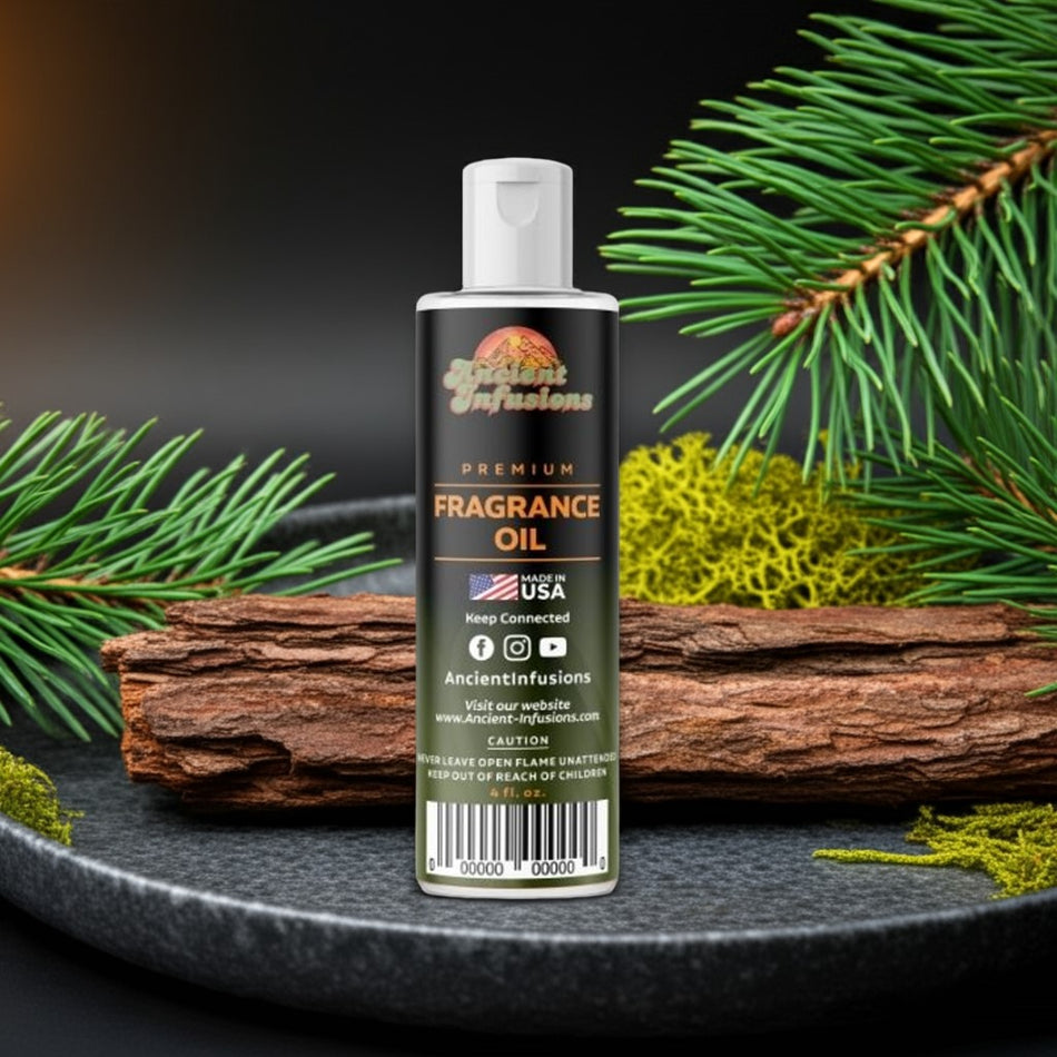 Fragrance oil bottle with greenery and wood on a dark surface