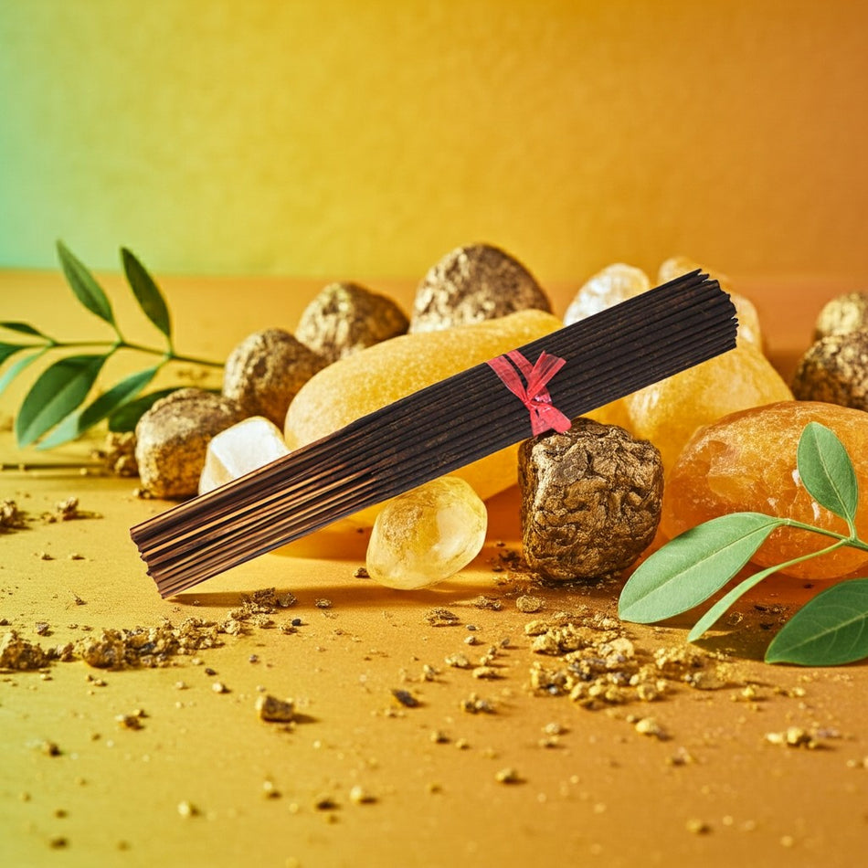 Pineapple Incense Sticks with a pink label on a natural background of stones and plants