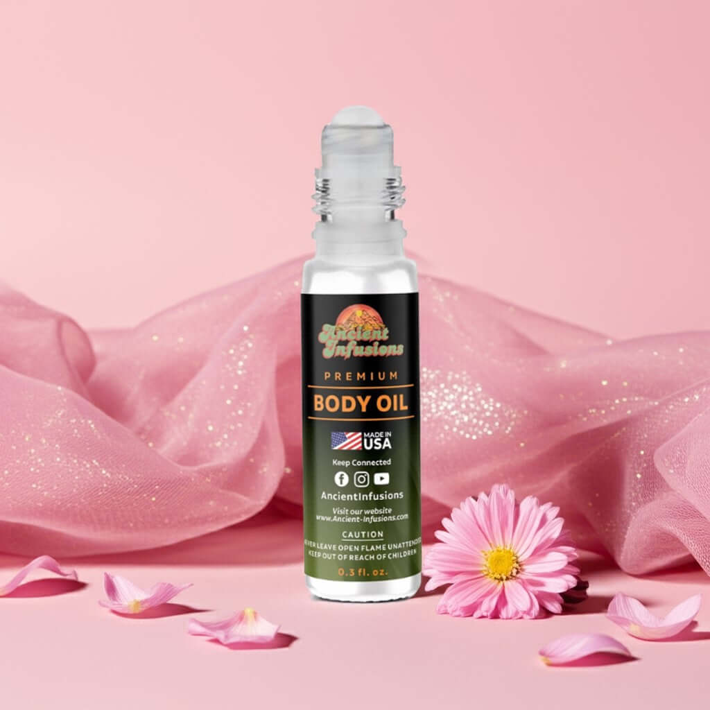 Bath & Body Works Pink Chiffon Inspired Body Oil with floral and pink fabric backdrop.