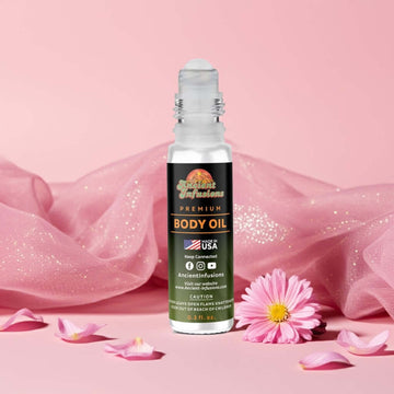 Bath & Body Works Pink Chiffon Inspired Body Oil with floral and pink fabric backdrop.