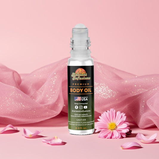 Pink Chiffon body oil bottle standing on a blush-toned table with floral accents