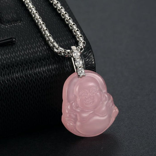 Pink Jade Laughing Buddha Necklace with Cuban Zircons and Stainless Steel Chain by Ancient Infusions – Elegant Spiritual Jewelry.